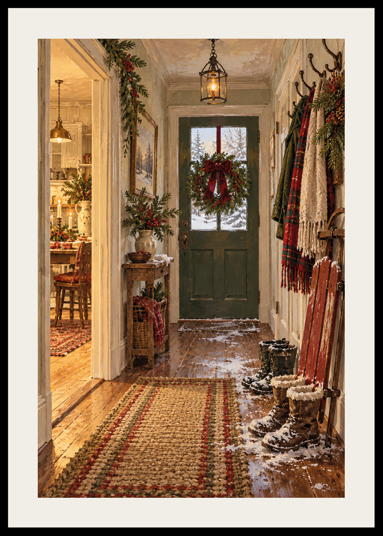 Un acogedor salón navideño con una corona, botas nevadas y un paisaje invernal fuera de la puerta.-12