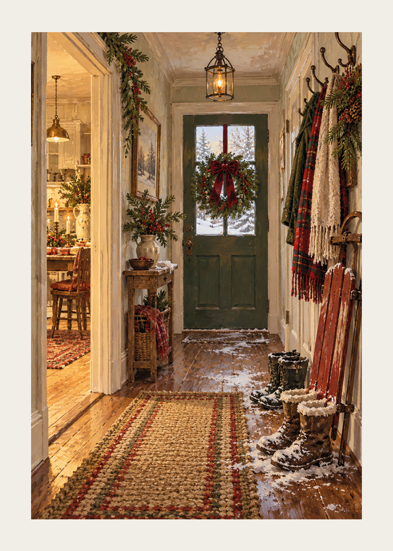 Un acogedor salón navideño con una corona, botas nevadas y un paisaje invernal fuera de la puerta.-12