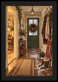 Un acogedor salón navideño con una corona, botas nevadas y un paisaje invernal fuera de la puerta.-4