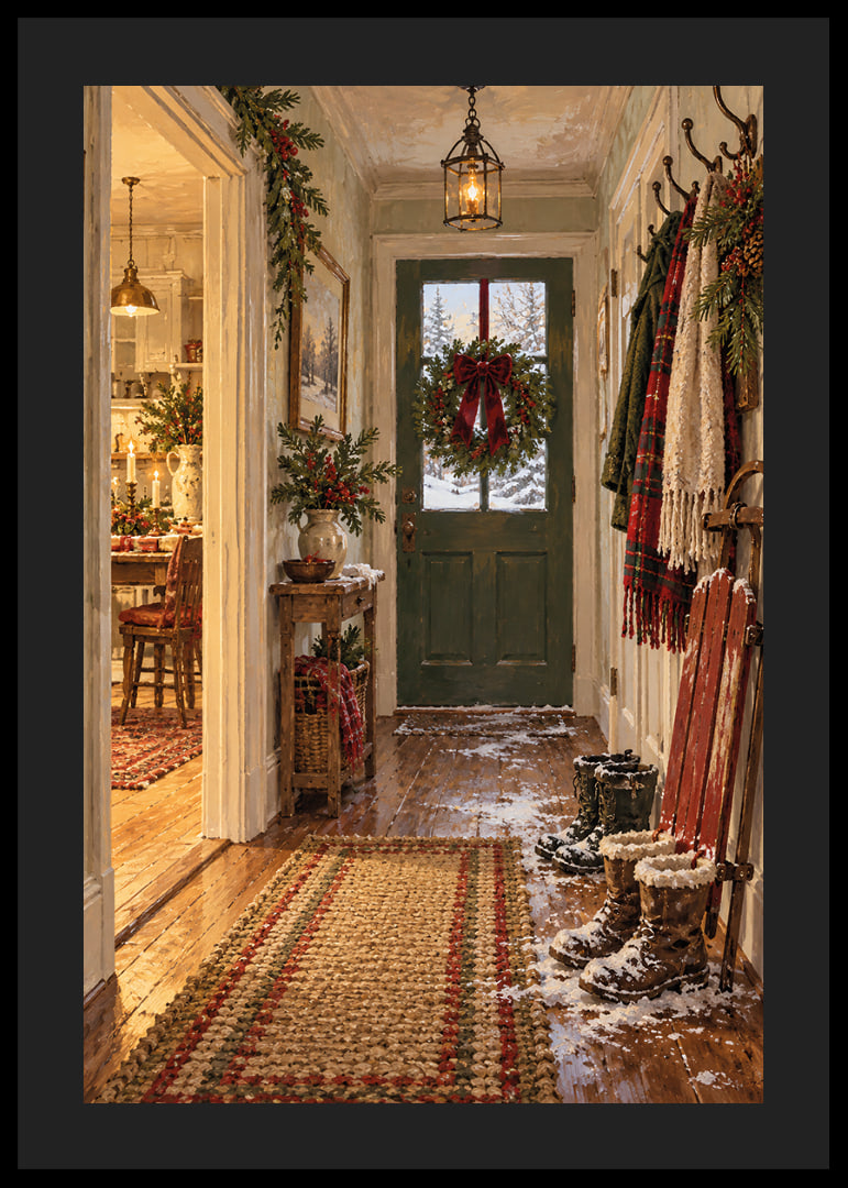 Un acogedor salón navideño con una corona, botas nevadas y un paisaje invernal fuera de la puerta.-12