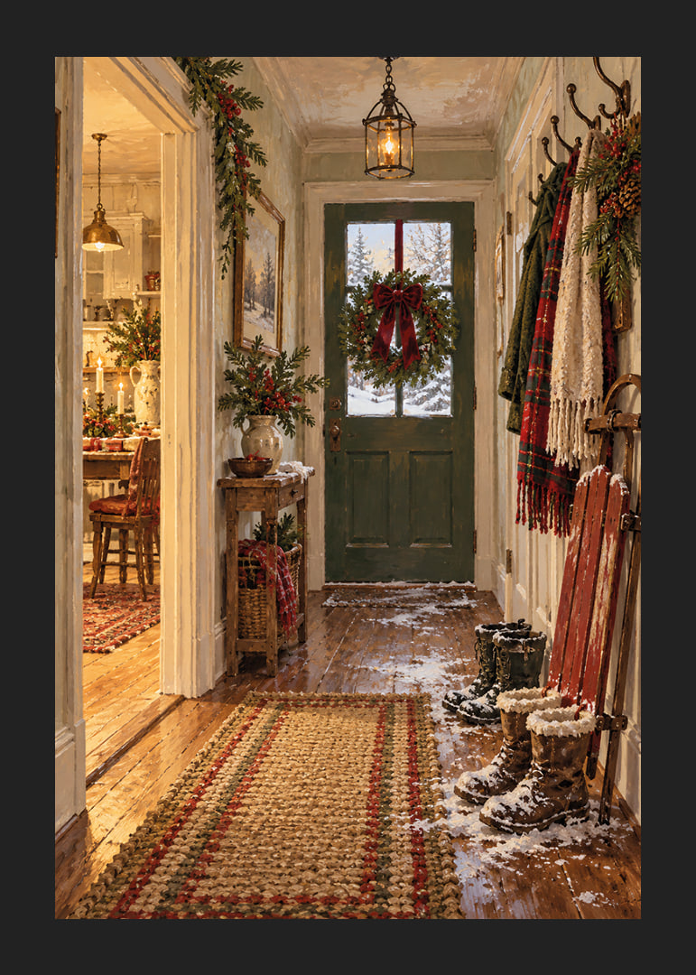 Un acogedor salón navideño con una corona, botas nevadas y un paisaje invernal fuera de la puerta.-12