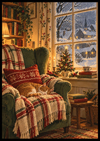 Un gato durmiendo, un árbol de Navidad y la nieve cayendo crean una cálida tranquilidad invernal.-6