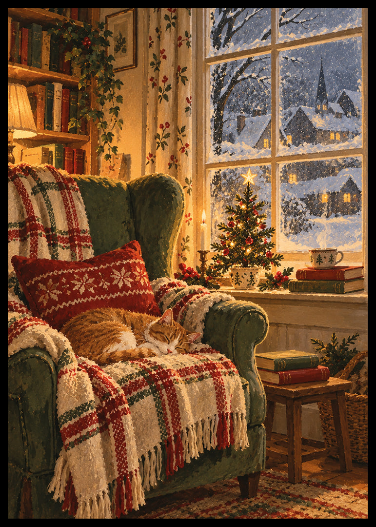 Un gato durmiendo, un árbol de Navidad y la nieve cayendo crean una cálida tranquilidad invernal.-12