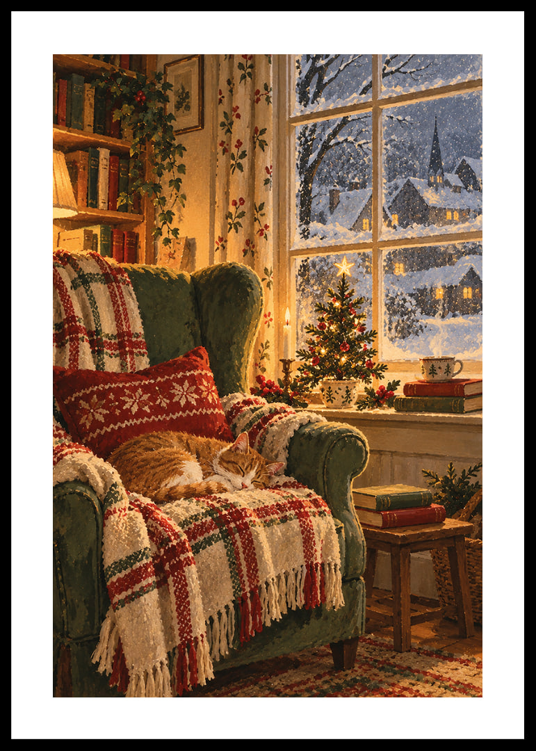 Un gato durmiendo, un árbol de Navidad y la nieve cayendo crean una cálida tranquilidad invernal.-12