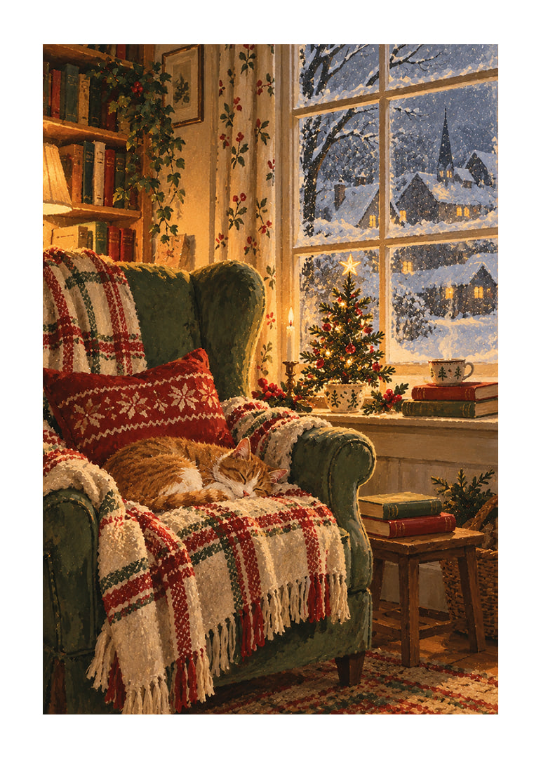 Un gato durmiendo, un árbol de Navidad y la nieve cayendo crean una cálida tranquilidad invernal.-12
