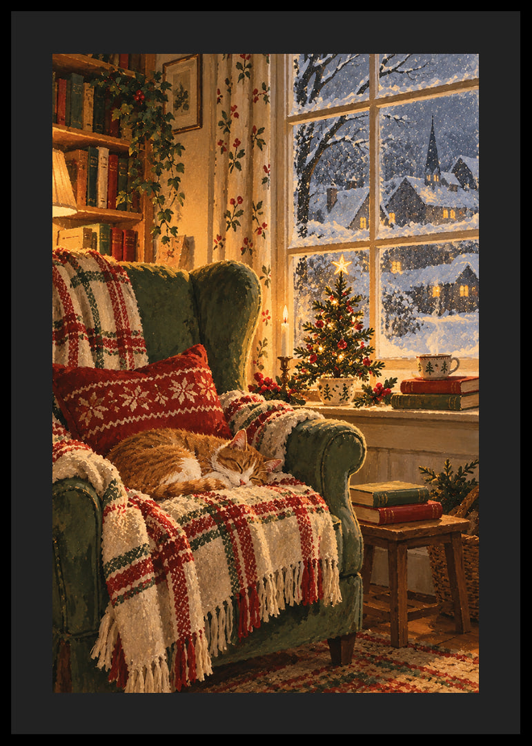 Un gato durmiendo, un árbol de Navidad y la nieve cayendo crean una cálida tranquilidad invernal.-12