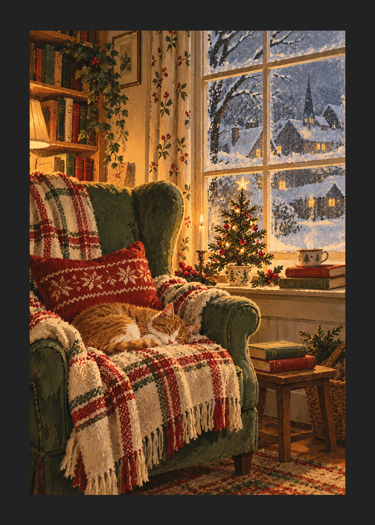 Un gato durmiendo, un árbol de Navidad y la nieve cayendo crean una cálida tranquilidad invernal.-12