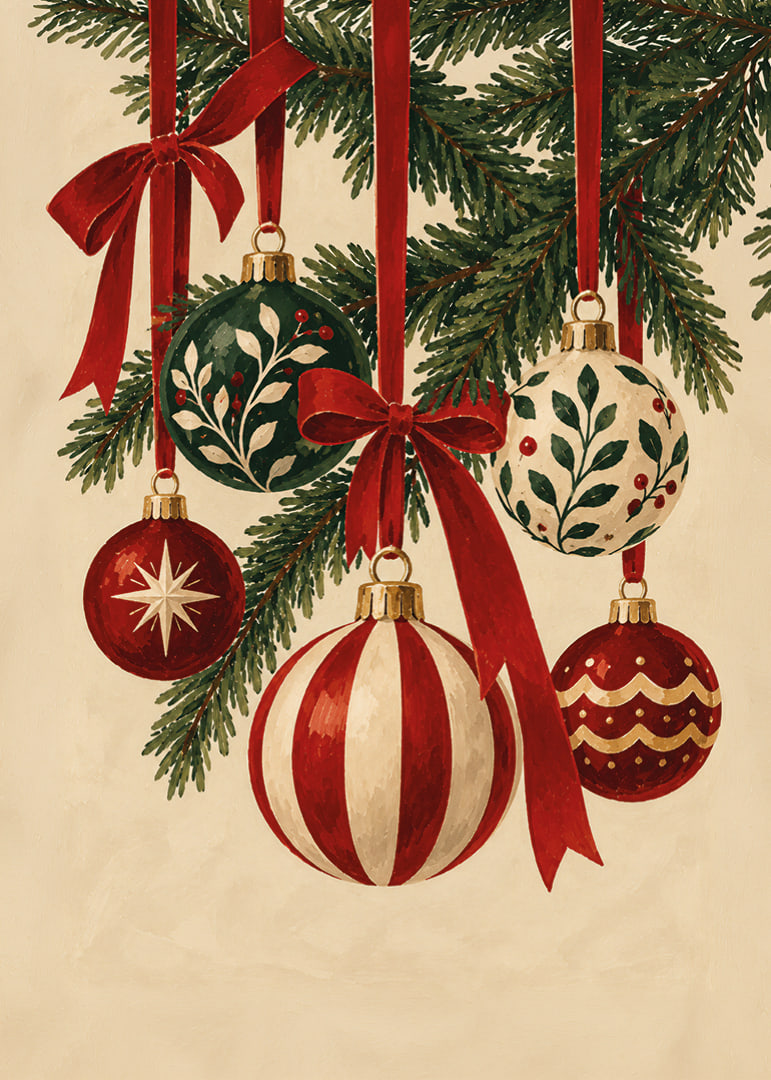 Bolas de Navidad y lazos rojos entre ramas de abeto en un ambiente navideño cálido y clásico.-12