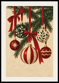 Bolas de Navidad y lazos rojos entre ramas de abeto en un ambiente navideño cálido y clásico.-2