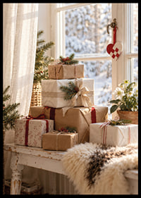 Los regalos de Navidad bellamente envueltos junto a una ventana soleada crean un ambiente cálido y acogedor en invierno.-6