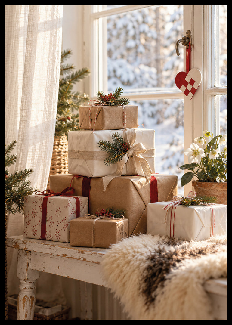 Los regalos de Navidad bellamente envueltos junto a una ventana soleada crean un ambiente cálido y acogedor en invierno.-12