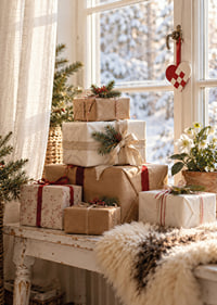 Los regalos de Navidad bellamente envueltos junto a una ventana soleada crean un ambiente cálido y acogedor en invierno.-7