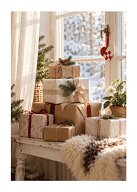Los regalos de Navidad bellamente envueltos junto a una ventana soleada crean un ambiente cálido y acogedor en invierno.-1