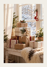 Los regalos de Navidad bellamente envueltos junto a una ventana soleada crean un ambiente cálido y acogedor en invierno.-3