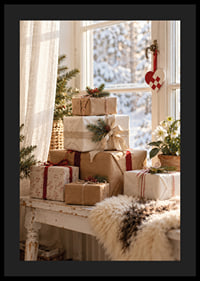 Los regalos de Navidad bellamente envueltos junto a una ventana soleada crean un ambiente cálido y acogedor en invierno.-4