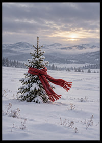 Un abeto cubierto de nieve con una bufanda roja en un tranquilo paisaje invernal.-6