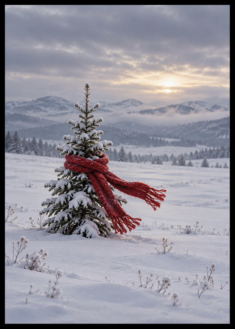 Un abeto cubierto de nieve con una bufanda roja en un tranquilo paisaje invernal.-12
