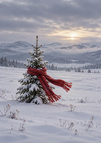 Un abeto cubierto de nieve con una bufanda roja en un tranquilo paisaje invernal.-7