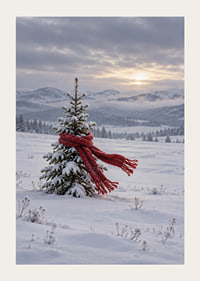 Un abeto cubierto de nieve con una bufanda roja en un tranquilo paisaje invernal.-3