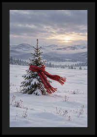 Un abeto cubierto de nieve con una bufanda roja en un tranquilo paisaje invernal.-4