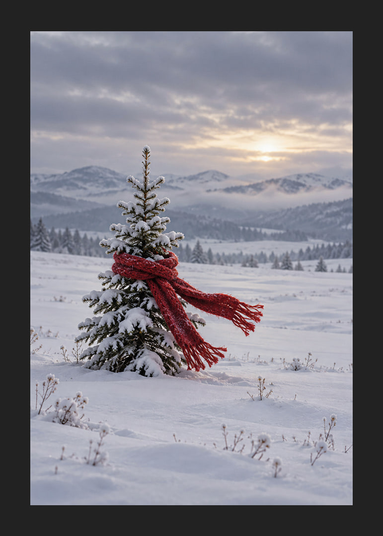 Un abeto cubierto de nieve con una bufanda roja en un tranquilo paisaje invernal.-12