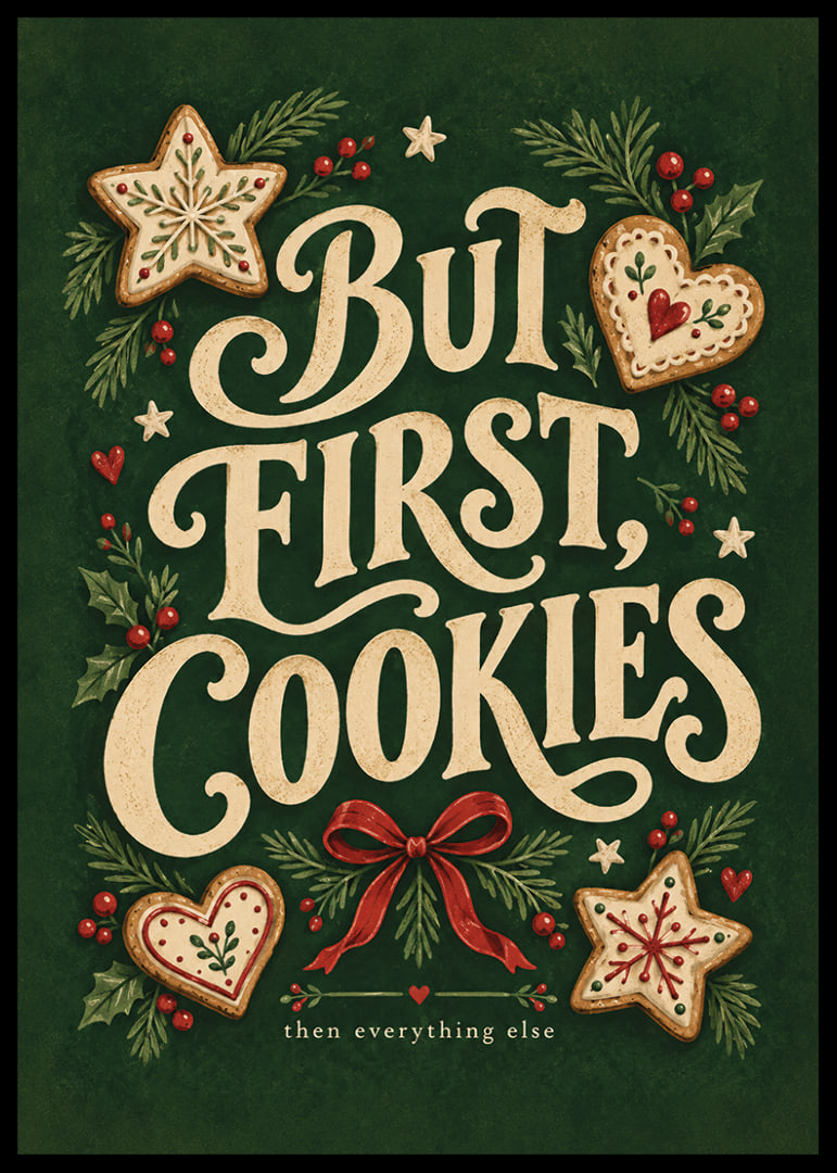 Cartel navideño festivo con pan de jengibre, ramas de abeto y un mensaje entrañable sobre las galletas.-12