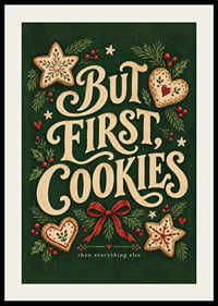Cartel navideño festivo con pan de jengibre, ramas de abeto y un mensaje entrañable sobre las galletas.-2