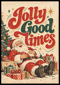 Un Papá Noel de inspiración vintage con su paquete y tipografía colorida que transmite un alegre ambiente navideño.-6