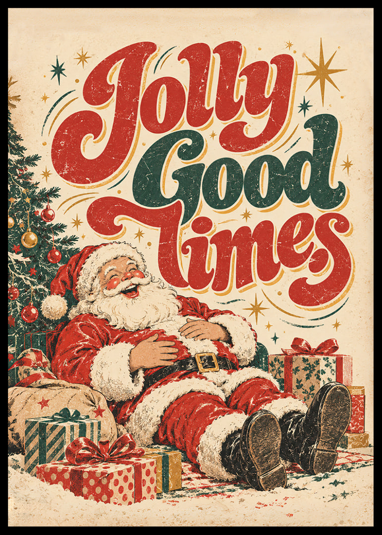 Un Papá Noel de inspiración vintage con su paquete y tipografía colorida que transmite un alegre ambiente navideño.-12