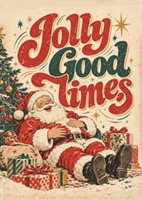 Un Papá Noel de inspiración vintage con su paquete y tipografía colorida que transmite un alegre ambiente navideño.-7