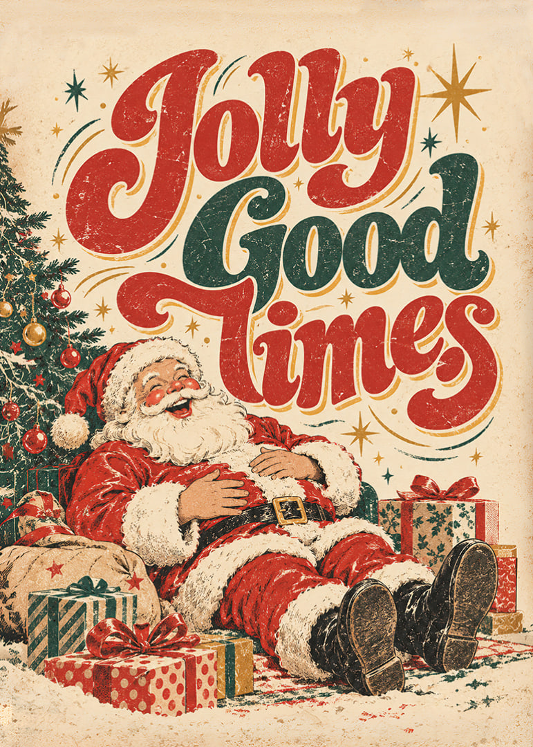 Un Papá Noel de inspiración vintage con su paquete y tipografía colorida que transmite un alegre ambiente navideño.-12