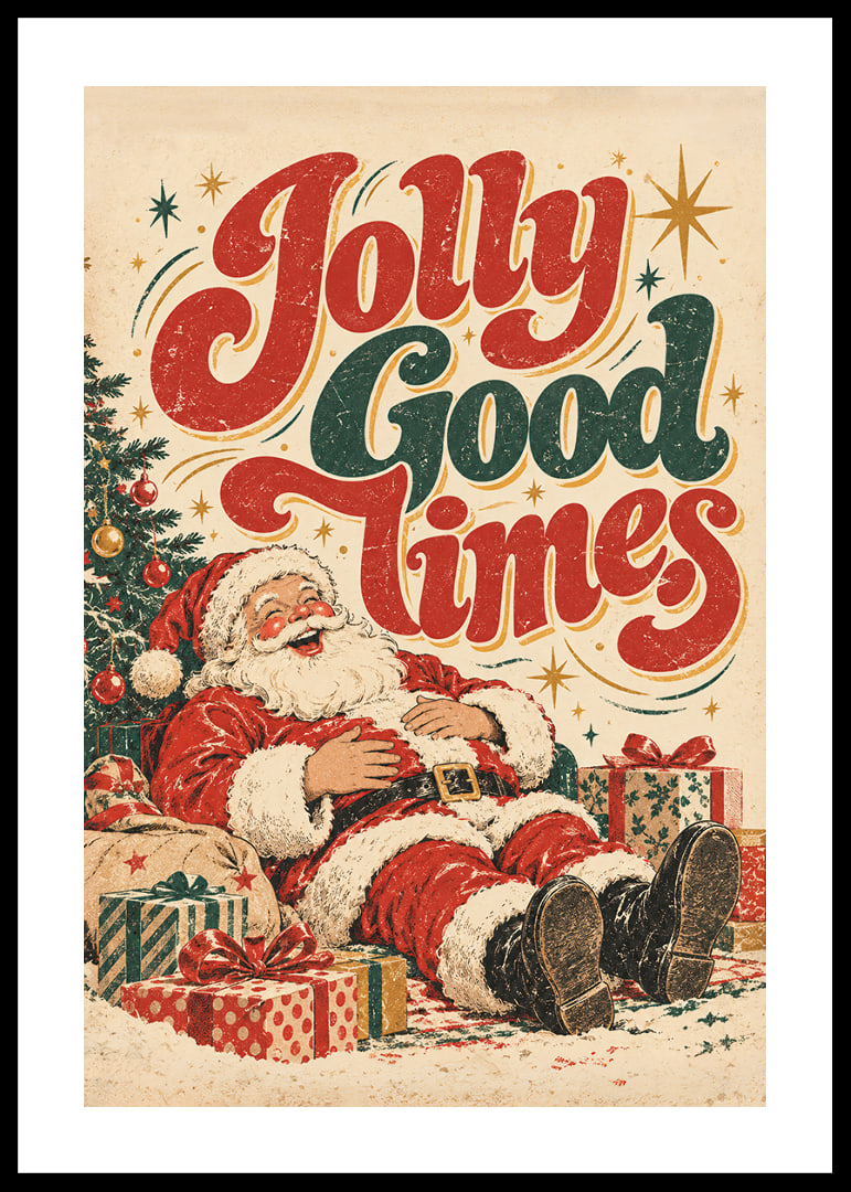 Un Papá Noel de inspiración vintage con su paquete y tipografía colorida que transmite un alegre ambiente navideño.-12