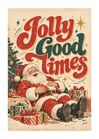 Un Papá Noel de inspiración vintage con su paquete y tipografía colorida que transmite un alegre ambiente navideño.-1