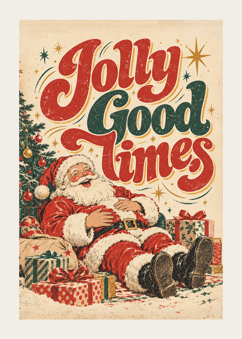 Un Papá Noel de inspiración vintage con su paquete y tipografía colorida que transmite un alegre ambiente navideño.-12