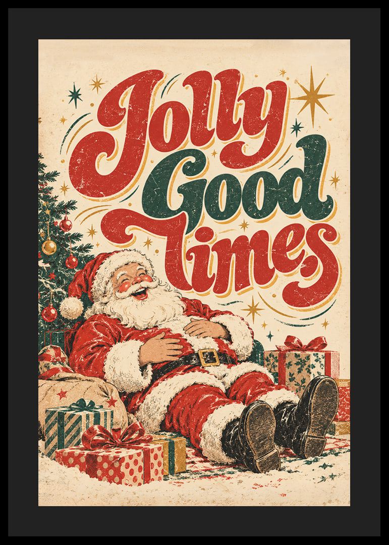 Un Papá Noel de inspiración vintage con su paquete y tipografía colorida que transmite un alegre ambiente navideño.-12