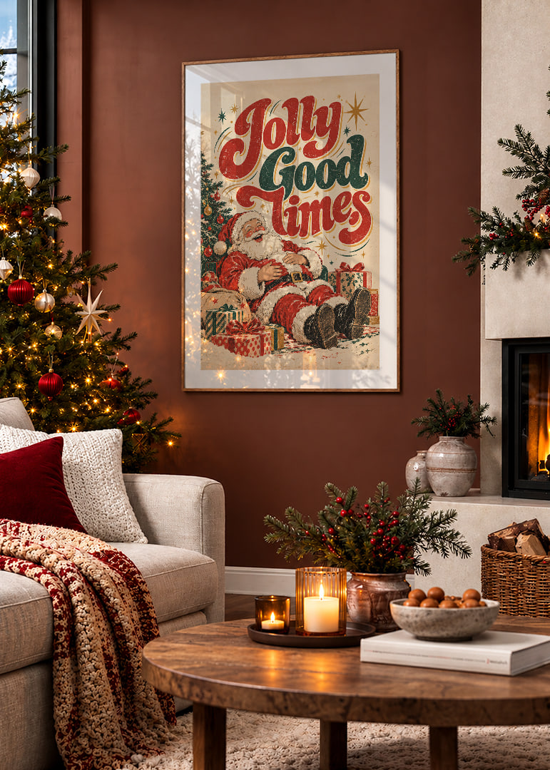 Un Papá Noel de inspiración vintage con su paquete y tipografía colorida que transmite un alegre ambiente navideño.-12
