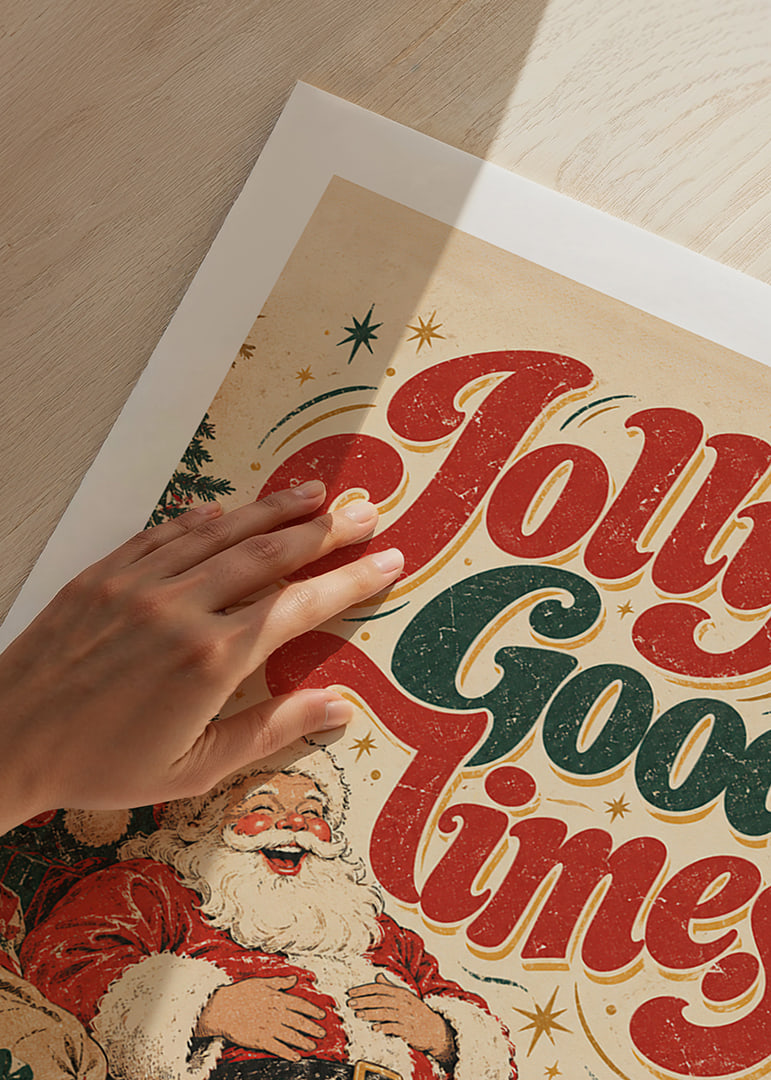 Un Papá Noel de inspiración vintage con su paquete y tipografía colorida que transmite un alegre ambiente navideño.-12