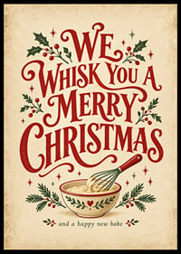 Cartel navideño de inspiración vintage con tipografía alegre, batidor y ramitas festivas.-6