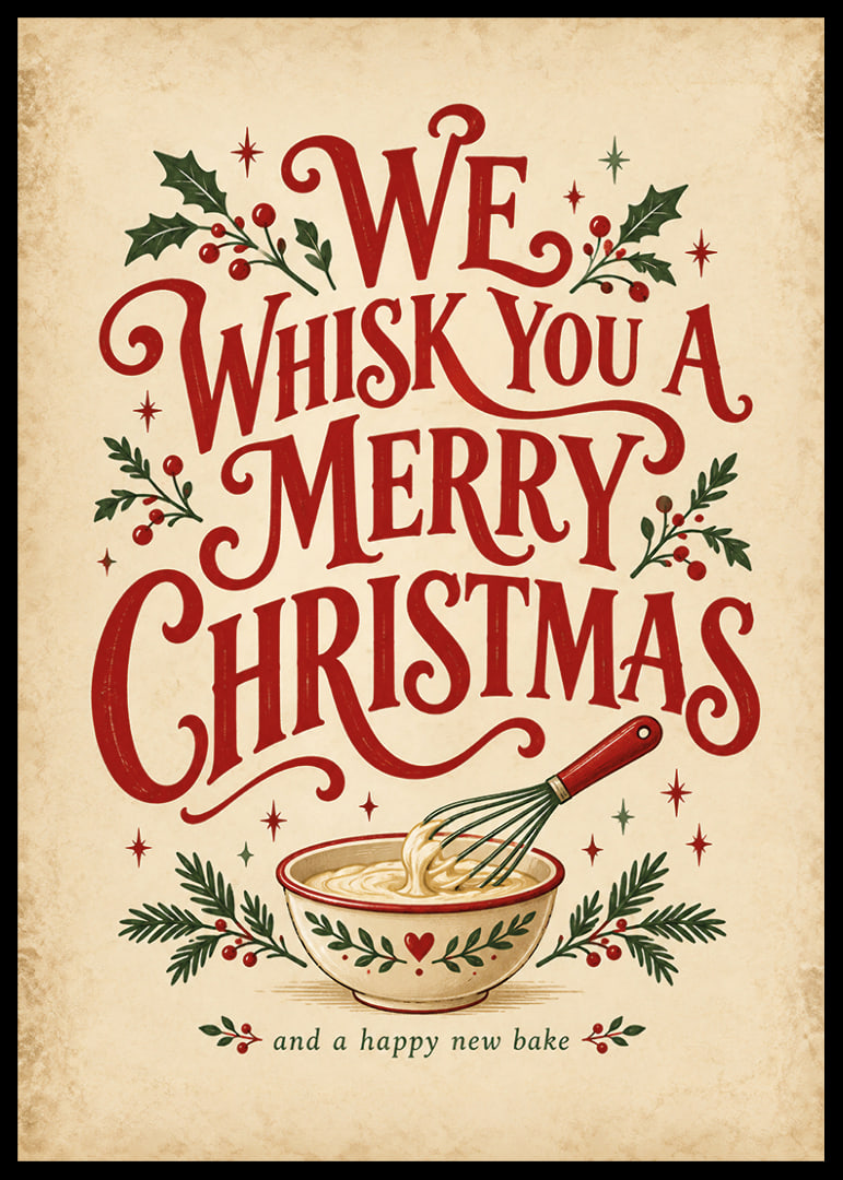 Cartel navideño de inspiración vintage con tipografía alegre, batidor y ramitas festivas.-12