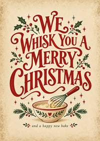 Cartel navideño de inspiración vintage con tipografía alegre, batidor y ramitas festivas.-7
