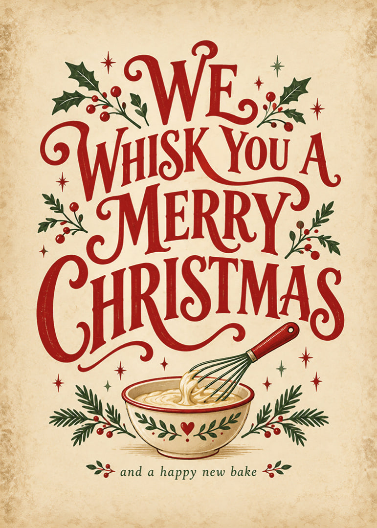 Cartel navideño de inspiración vintage con tipografía alegre, batidor y ramitas festivas.-12