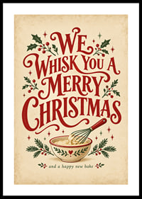 Cartel navideño de inspiración vintage con tipografía alegre, batidor y ramitas festivas.-0