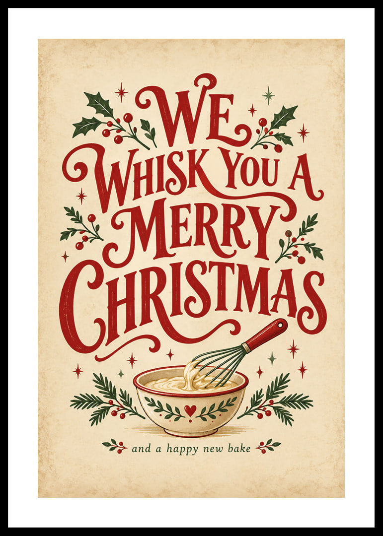 Cartel navideño de inspiración vintage con tipografía alegre, batidor y ramitas festivas.-12