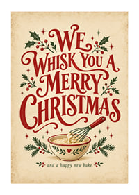 Cartel navideño de inspiración vintage con tipografía alegre, batidor y ramitas festivas.-1