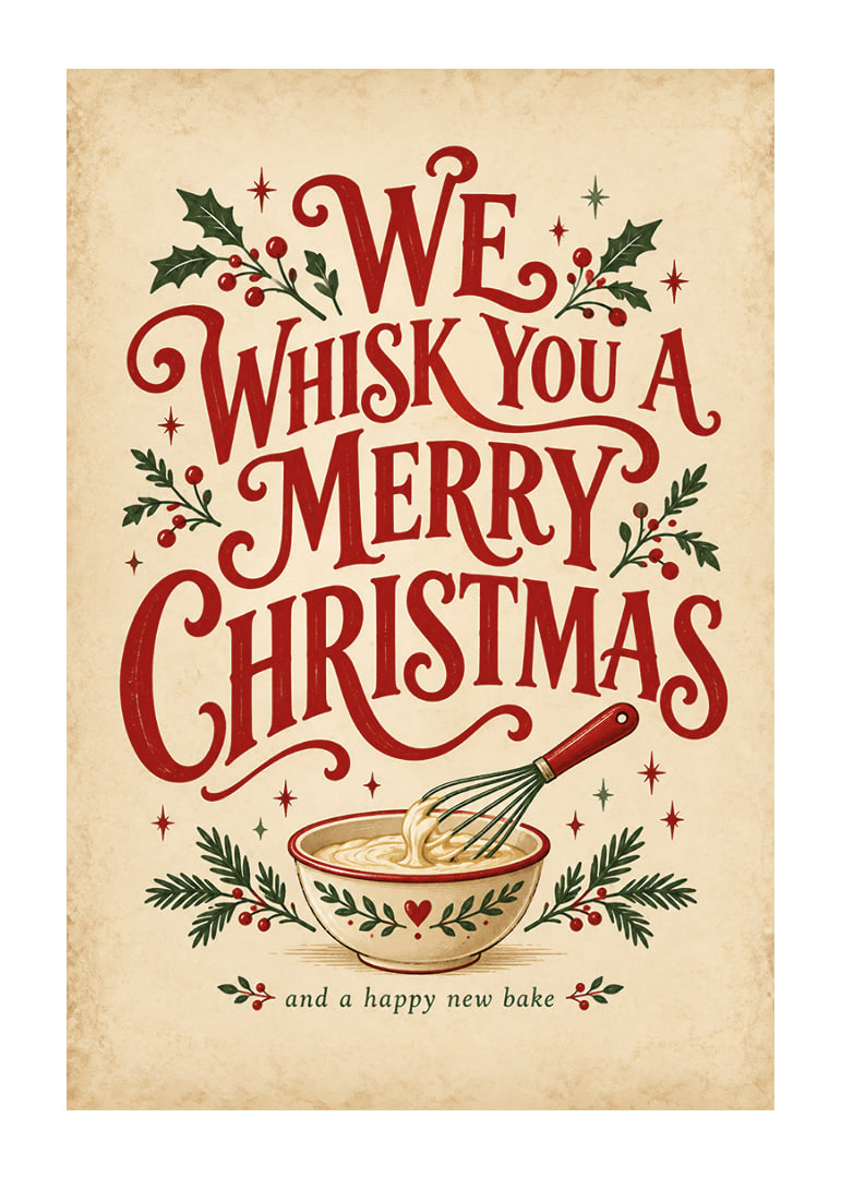 Cartel navideño de inspiración vintage con tipografía alegre, batidor y ramitas festivas.-12