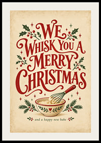 Cartel navideño de inspiración vintage con tipografía alegre, batidor y ramitas festivas.-2