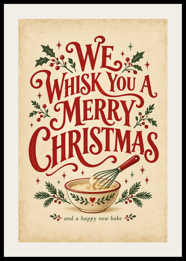 Cartel navideño de inspiración vintage con tipografía alegre, batidor y ramitas festivas.-12
