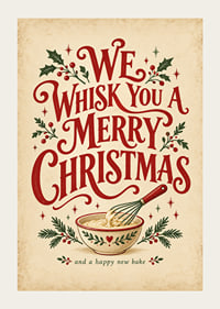 Cartel navideño de inspiración vintage con tipografía alegre, batidor y ramitas festivas.-3