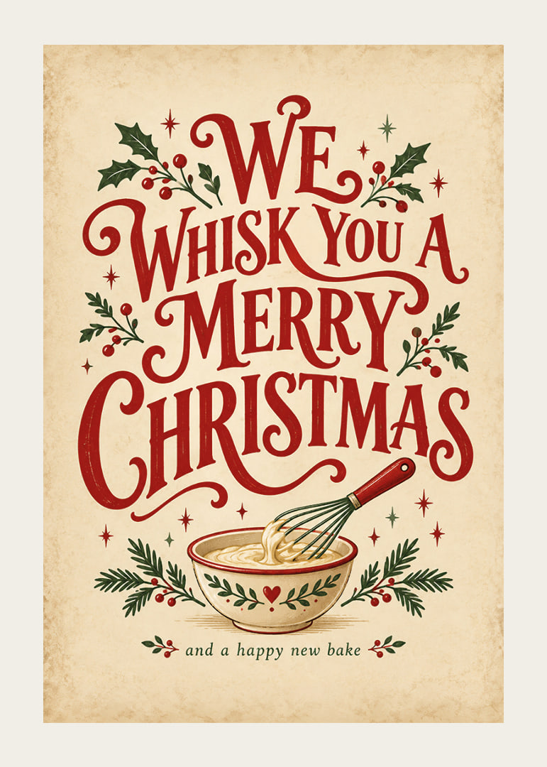 Cartel navideño de inspiración vintage con tipografía alegre, batidor y ramitas festivas.-12