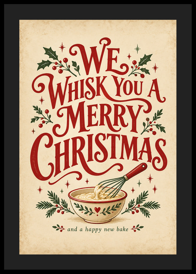 Cartel navideño de inspiración vintage con tipografía alegre, batidor y ramitas festivas.-12